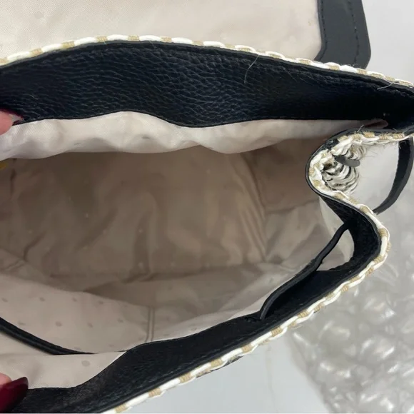 Kate Spade New York Black Leather & Woven Straw Backpack Purse - Picture 9 of 13